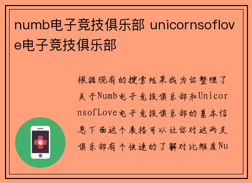 numb电子竞技俱乐部 unicornsoflove电子竞技俱乐部